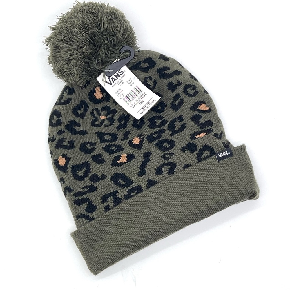 Vans Women’s Spirit Pom Beanie Leopard Print Olive Green OS NWT